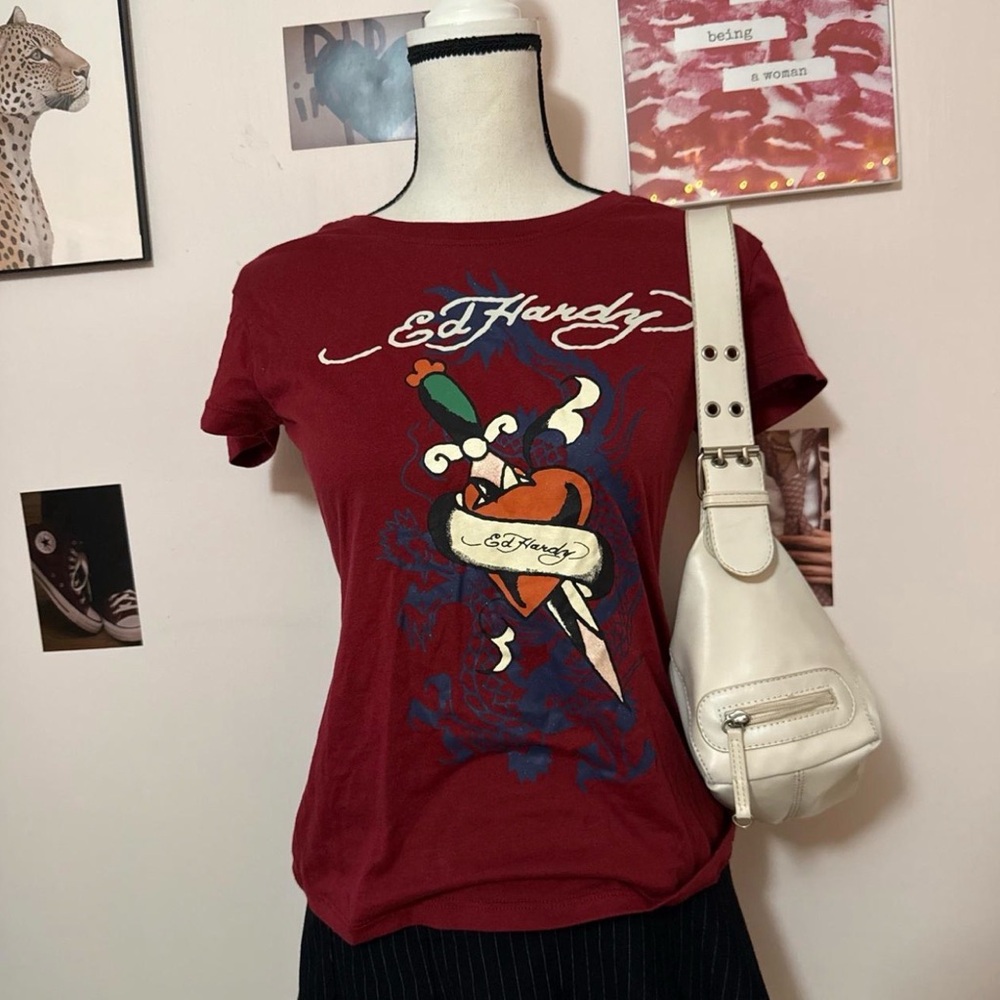 Ed Hardy Women's Burgundy Heart Graphic Tee